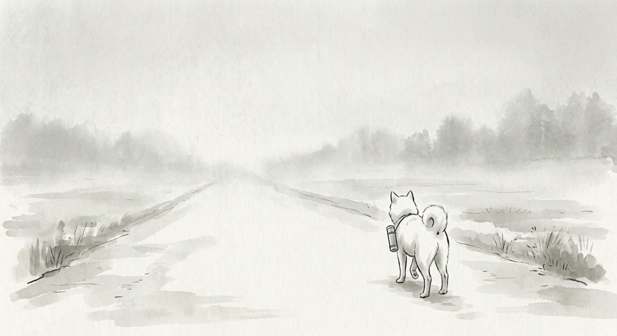 竹筒を首に下げた犬の後ろ姿（本チャンネル制作の墨絵）