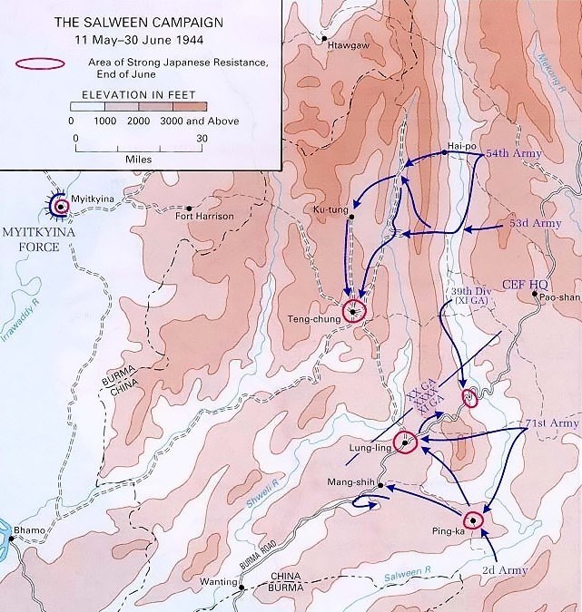 怒江作戦の地図（1944年5月-6月）