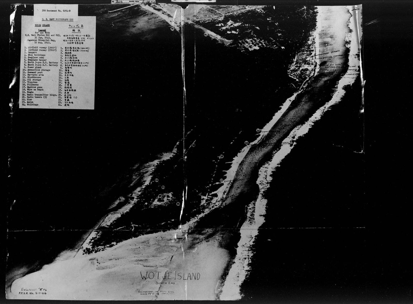 注記付きのウォッチェ島南端航空写真（1942年）